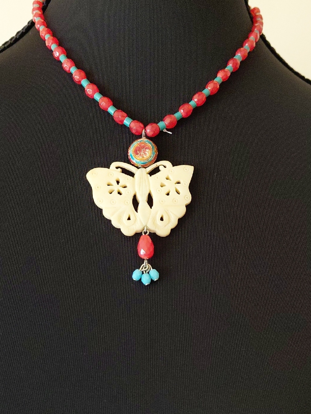 Handcrafted Butterfly Pendant Necklace - Red & Turquoise